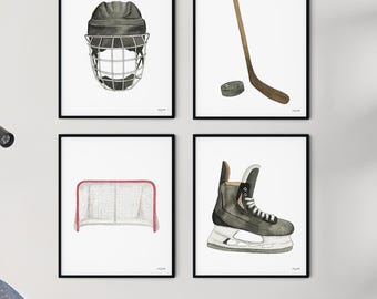 Set of 4 Hockey Wall Art, Kids Gallery Wall Set, Ice Hockey Art Prints, Sports Boys Room Decor, Nursery Hockey Art