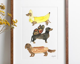 Happy Halloweenie Dachshund Wall Art, Halloween Dogs, Dog Costume, Fall Home Decor, Halloween Art Print, Halloween Home Decor