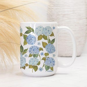 Blue Hydrangea Coffee Mug, Hydrangea Flower Coffee Mug, Spring Summer Decor, 15 oz Mug, Garden lover Gift, Cottagecore Floral Kitchen Decor