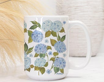 Blue Hydrangea Coffee Mug, Hydrangea Flower Coffee Mug, Spring Summer Decor, 15 oz Mug, Garden lover Gift, Cottagecore Floral Kitchen Decor