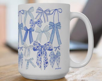 Blue Bows Coffee Mug, Chinoiserie Bow Coffee Mug, Coquette Decor, 15 oz Mug, Bow lover Gift, Cottagecore Kitchen Decor, Blue Striped Bow Mug