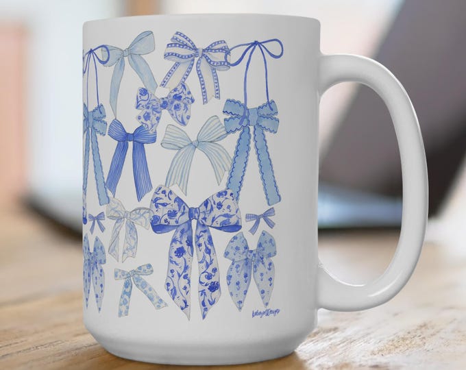 Blue Bows Coffee Mug, Chinoiserie Bow Coffee Mug, Coquette Decor, 15 oz Mug, Bow lover Gift, Cottagecore Kitchen Decor, Blue Striped Bow Mug