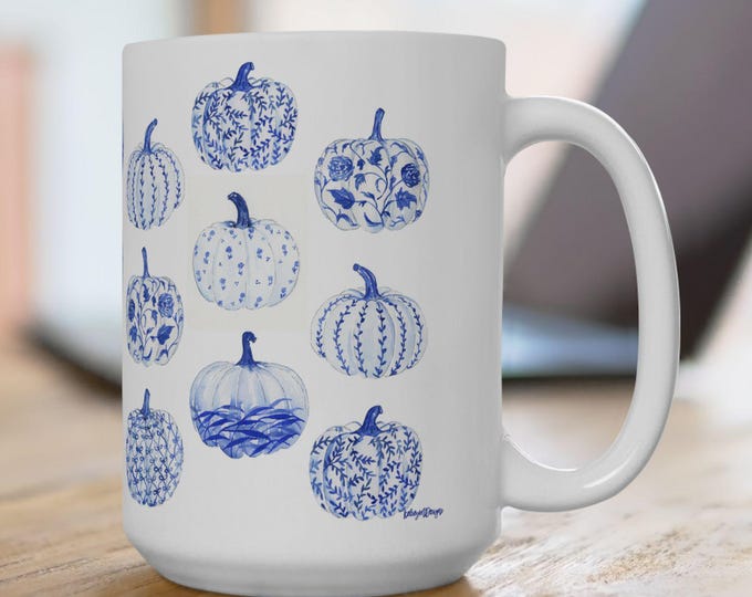 Fall Pumpkin Mug 15oz – Blue Toile Chinoiserie Pumpkin Coffee Mug, Autumn Tea Cup, Thanksgiving Gift, Elegant Fall Decor