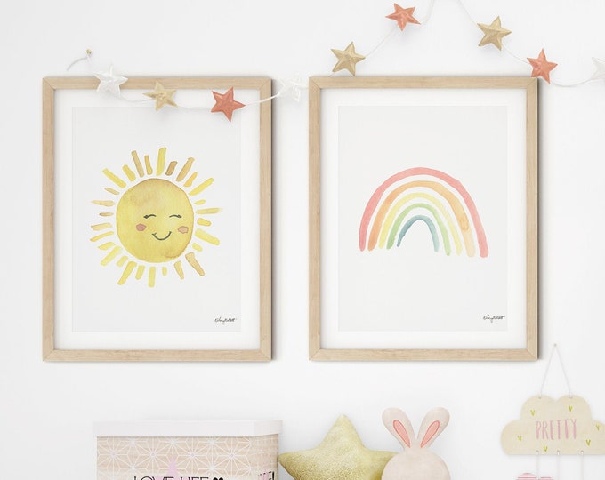 Set of 2 Sun Rainbow Printables, Rainbow Print Set, Girls Bedroom Decor, Rainbow Wall Art, Nursery Printable, Watercolor Print Kids Room Art