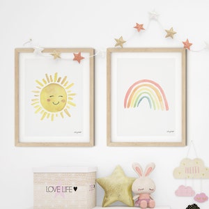 Set of 2 Sun Rainbow Printables, Rainbow Print Set, Girls Bedroom Decor, Rainbow Wall Art, Nursery Printable, Watercolor Print Kids Room Art