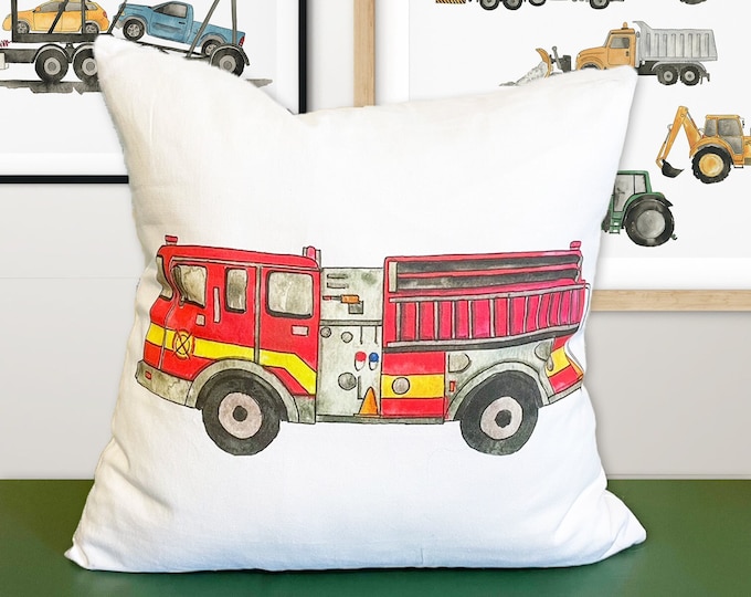 Fire Truck Pillow Cover, Boy Room Truck Decor, Boys Pillow Case, Boys Bedroom Decor, Construction Vehicle Bedding, Boys Nursery Decor