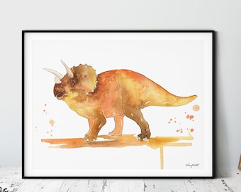 Triceratops Dinosaur Painting, Watercolor Dinosaur, Dinosaur Art, Nursery Wall Decor, Kids Room Decor, Large Dinosaur Print, Boy Room Art