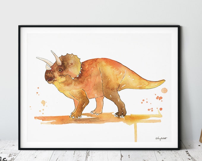 Triceratops Dinosaur Painting, Watercolor Dinosaur, Dinosaur Art, Nursery Wall Decor, Kids Room Decor, Large Dinosaur Print, Boy Room Art