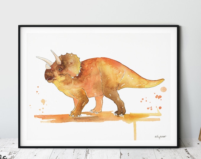 Triceratops Dinosaur Painting, Watercolor Dinosaur, Dinosaur Art, Nursery Wall Decor, Kids Room Decor, Large Dinosaur Print, Boy Room Art