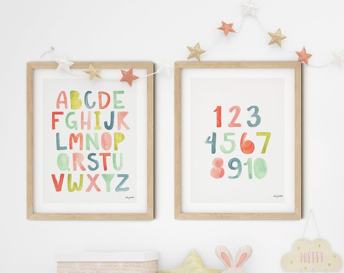 Set of 2 Alphabet Numbers Printables, ABC Print Set, Kids Bedroom Decor, 123 Wall Art, Nursery Printable, Watercolor Print Kids Room Art
