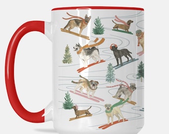 Skiing Dogs Mug, Christmas Coffee Mug, Christmas Decor, 15 oz Mug, Dog Coffee Mug, Holiday Kitchen, Dog Lover Coffee Cup, Ski Mug