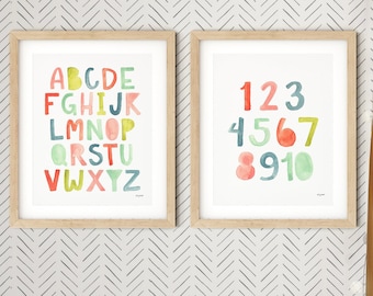 Set of 2 Alphabet Numbers Prints, ABC 123 Print Set, Kids Bedroom Decor, Alphabet Wall Art, Nursery  ABC Print, Watercolor Print Kids Room