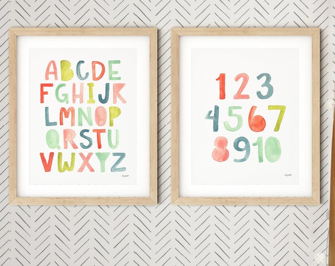 Set of 2 Alphabet Numbers Prints, ABC 123 Print Set, Kids Bedroom Decor, Alphabet Wall Art, Nursery  ABC Print, Watercolor Print Kids Room