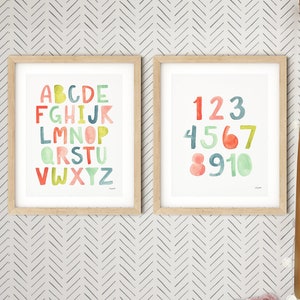 Set of 2 Alphabet Numbers Prints, ABC 123 Print Set, Kids Bedroom Decor, Alphabet Wall Art, Nursery  ABC Print, Watercolor Print Kids Room