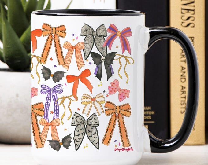Halloween Bows Mug 15oz – Cute Spooky Coffee Mug, Fall Witchy Bow Tea Cup, Pumpkin Spice Mug, Halloween Gift, Seasonal Kitchen Decor