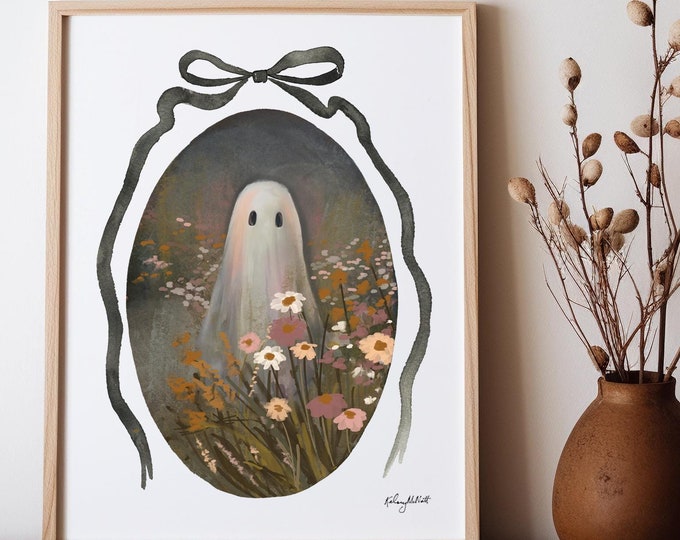 Cute Ghost in Autumn Flower Landscape, Vintage Halloween, Cottagecore Bow Wall Art, Halloween Art, Spooky Halloween, Floral Ghost Print