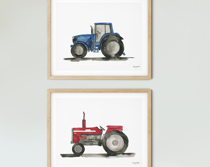 Set of 2 Tractor Print, Tractor Nursery, Transportation Wall Art, Construction Vehicle Decor, Farm Toddler Room Decor Watercolor Painting