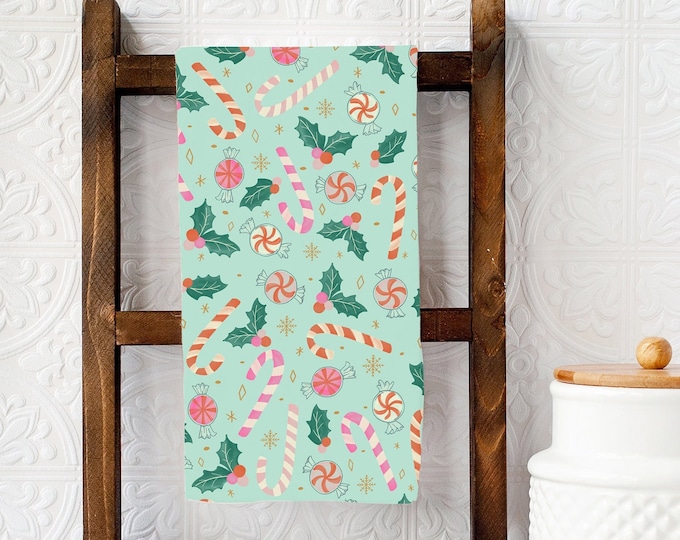 Christmas Candy Canes Tea Towel, Holiday Kitchen Decor, Christmas Dish Towel, Baking Lover Gift, Peppermints Colorful holiday Towel