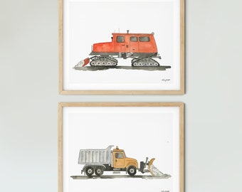 Set of 2 Snow Plow Art Prints, Truck Nursery, Transportation Truck Wall Art, Watercolor Painting Construction Vehicle, Snowcat, Snow Plow