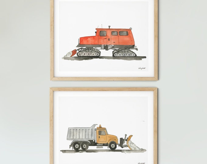 Set of 2 Snow Plow Art Prints, Truck Nursery, Transportation Truck Wall Art, Watercolor Painting Construction Vehicle, Snowcat, Snow Plow