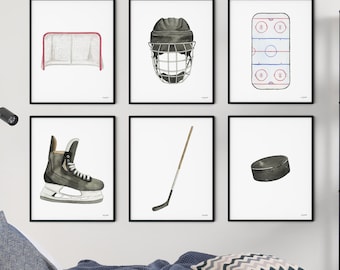 Set of 6 Hockey Art Prints, Kids Gallery Wall Set, Ice Hockey Wall Art, Sports Boys Room Decor, Nursery Hockey Art