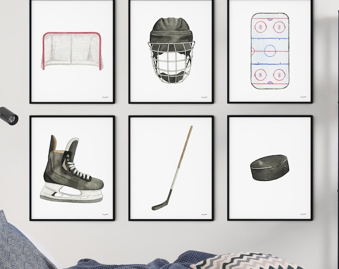 Set of 6 Hockey Art Prints, Kids Gallery Wall Set, Ice Hockey Wall Art, Sports Boys Room Decor, Nursery Hockey Art