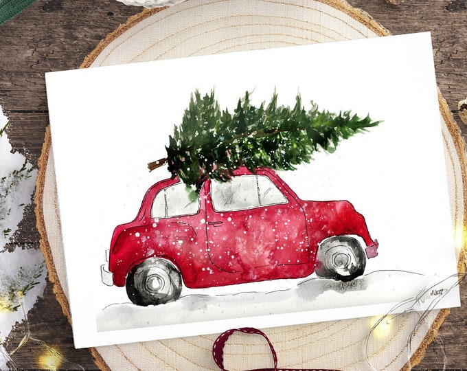 DIGITAL DOWNLOAD - Red Christmas Car Printable, Watercolor Painting, Farmhouse Christmas Holiday Printable, Christmas Wall Art, Holiday Art
