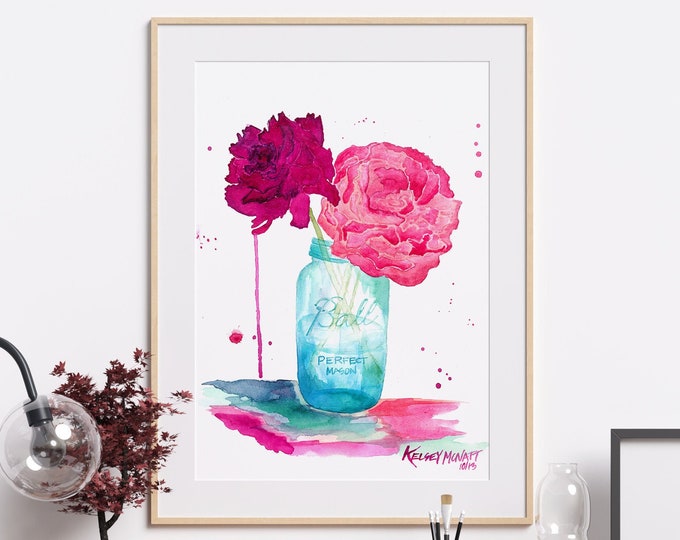 Peony Flower Wall Art, Watercolor Painting, Mason Jar home decor, Pink Peony Art Print, Vintage Ball Jar, Floral Wall Art, Farmhouse Decor