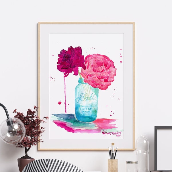 Arte de pared de flores de peonía, Pintura de acuarela, Decoración del hogar con jarra de albañil, Impresión de arte de peonía rosa, Jarra de bola vintage, Arte de pared floral, Decoración de granja