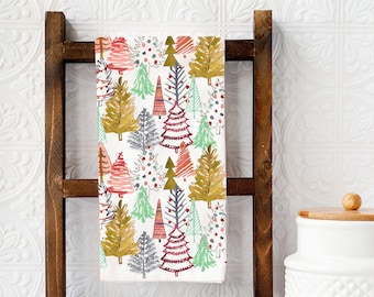 Colorful Christmas Trees Tea Towel, Christmas Kitchen Decor, Holiday Dish Towel, Holiday Kitchen Accessories, Christmas Dishcloth