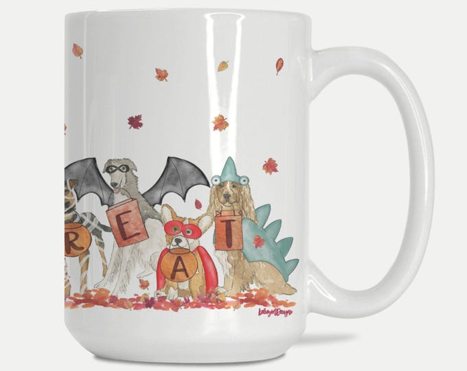 Trick or Treat Dogs Mug 15oz – Cute Halloween Dog Coffee Mug, Spooky Puppy Tea Cup, Fall Dog Lover Gift, Halloween Kitchen Decor