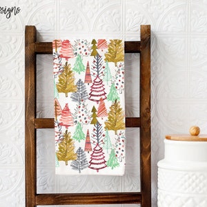 Colorful Christmas Trees Tea Towel, Christmas Kitchen Decor, Holiday Dish Towel, Holiday Kitchen Accessories, Christmas Dishcloth