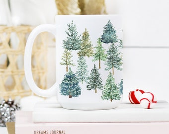 Christmas Trees Mug, Holiday Coffee Mug, Christmas Decor, 15 oz Mug, Traditional Christmas Kitchen Decor, Green Trees Coffee Cup