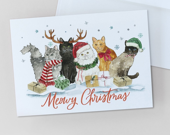 CHRISTMAS CARDS, Meowy Christmas Greeting Card, Merry Christmas, Holiday Cats Card, Christmas Cat Card, Watercolor Christmas Card