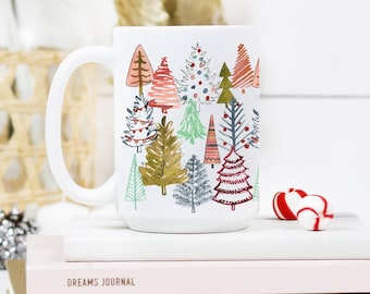 Colorful Christmas Trees Mug, Holiday Coffee Mug, Christmas Decor, 15 oz Mug, Colorful Coffee Mug, Christmas Kitchen Decor, Trees Coffee Cup