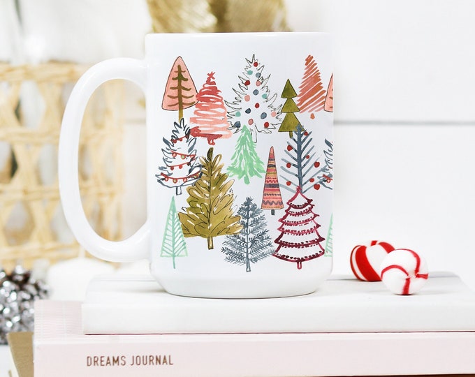 Colorful Christmas Trees Mug, Holiday Coffee Mug, Christmas Decor, 15 oz Mug, Colorful Coffee Mug, Christmas Kitchen Decor, Trees Coffee Cup