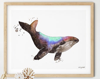 Watercolor Whales Print, Whale Painting, Fish Prints, Galaxy Print, Coastal Nautical Art, Whale Art, Blue Whale, Beach Decor, Whale Nursery