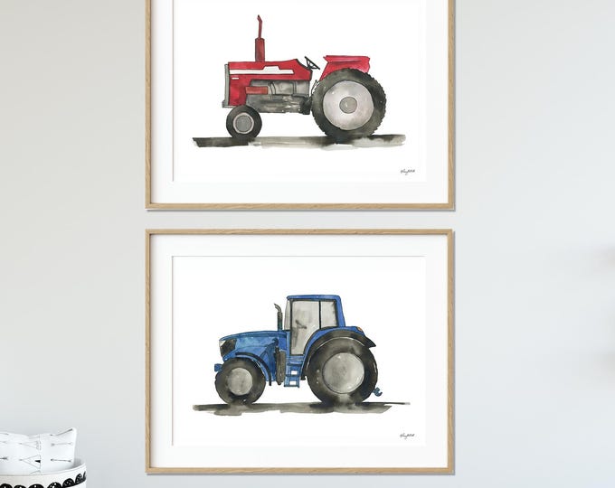 Set of 2 Tractor Art Prints, Tractor Nursery Wall Art, Transportation Wall Art, Construction Vehicle Decor, Farm Vehicle Toddler Room Decor