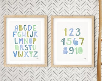 Set of 2 Alphabet Numbers Prints, ABC 123 Print Set, Kids Bedroom Decor, Alphabet Wall Art, Boy Nursery ABC Print, Watercolor Kids Room