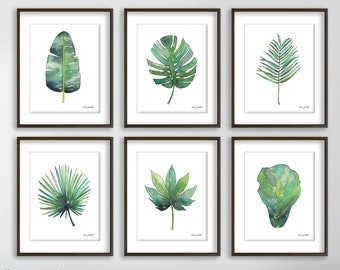 Tropical Palm Leaf Print, Set of 6 Botanical Prints, Gallery Wall Set, Watercolor Painting, Beach Decor, Tropical Decor, Palm Tree Wall Art
