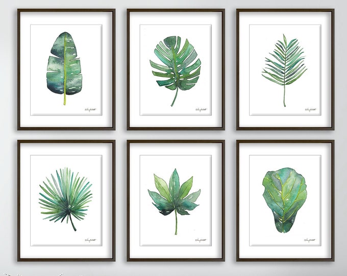 Tropical Palm Leaf Print, Set of 6 Botanical Prints, Gallery Wall Set, Watercolor Painting, Beach Decor, Tropical Decor, Palm Tree Wall Art