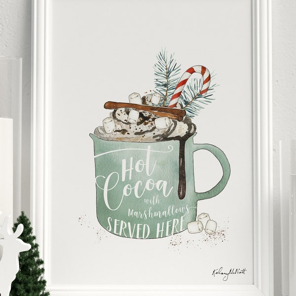 DIGITAL DOWNLOAD - Hot Cocoa Print, Christmas Watercolor Painting, Holiday Coffee Print, Holiday Kitchen Decor, Hot Chocolate Bar Sign