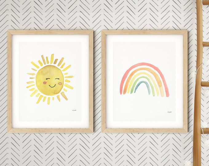 Set of 2 Sun Rainbow Prints, Rainbow Print Set, Girls Bedroom Decor, Rainbow Sun Wall Art, Nursery Prints, Watercolor Print Kids Room Art