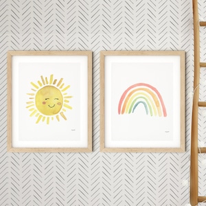 Set of 2 Sun Rainbow Prints, Rainbow Print Set, Girls Bedroom Decor, Rainbow Sun Wall Art, Nursery Prints, Watercolor Print Kids Room Art