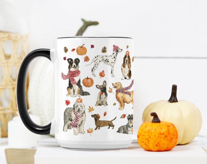 Cozy Fall Dogs Mug, Fall Coffee Mug, Fall Decor, 15 oz Mug, Pumpkin Spice Latte, Coffee Mug, Fall Home, Halloween Mug, Dog Lover Gift