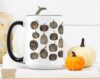 Halloween Pumpkins Mug, Fall Coffee Mug, Fall Decor, 15 oz Mug, Pumpkin Spice Latte, Coffee Mug, Fall Home, Halloween Mug, Black Pumpkins