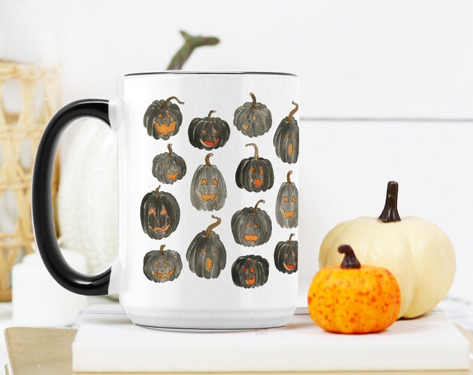 Halloween Pumpkins Mug, Fall Coffee Mug, Fall Decor, 15 oz Mug, Pumpkin Spice Latte, Coffee Mug, Fall Home, Halloween Mug, Black Pumpkins