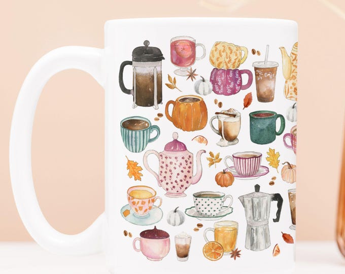 Fall Coffee & Tea Mug 15oz – Cozy Autumn Drink Mug, Pumpkin Spice Latte Cup, Seasonal Tea Cup, Coffee Lover Gift, Fall Kitchen Decor