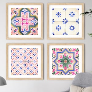 Mediterranean Tile Art Prints Set of 4 – Pink & Blue Wall Art, Coastal Decor, Amalfi Coast Inspired, Cottage Decor, Cement Tile Art