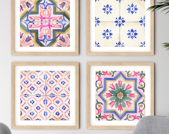Mediterranean Tile Art Prints Set of 4 – Pink & Blue Wall Art, Coastal Decor, Amalfi Coast Inspired, Cottage Decor, Cement Tile Art